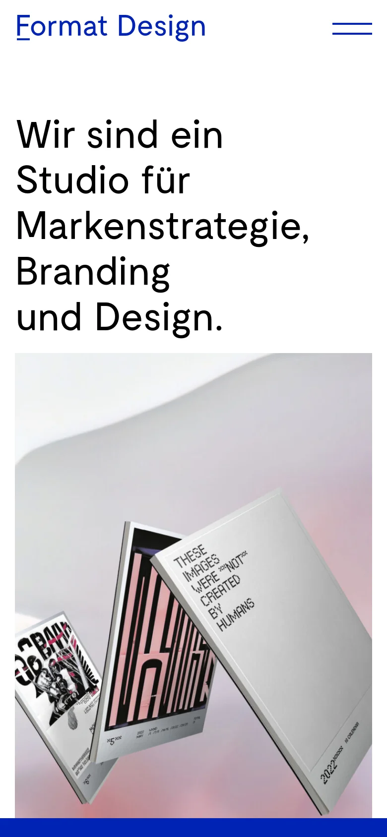 The mobile version maintains the minimalist white aesthetic and large typography but stacks elements vertically. The hero headline is prominent at the top, followed by a large square image of books with text. The header is simplified, showing the brand name and a two-line hamburger menu icon on the right.