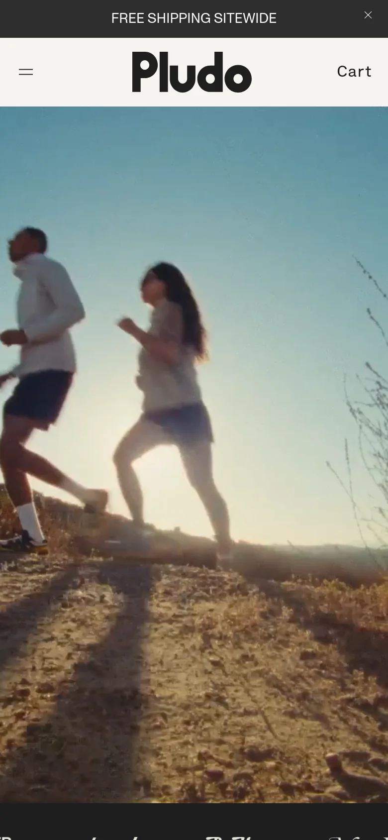 The mobile version displays a vertically oriented hero image of two people jogging on a sunlit trail. The navigation is condensed into a hamburger menu and a 'Cart' link, with the brand logo centered at the top and a promotional banner for free shipping at the very top.
