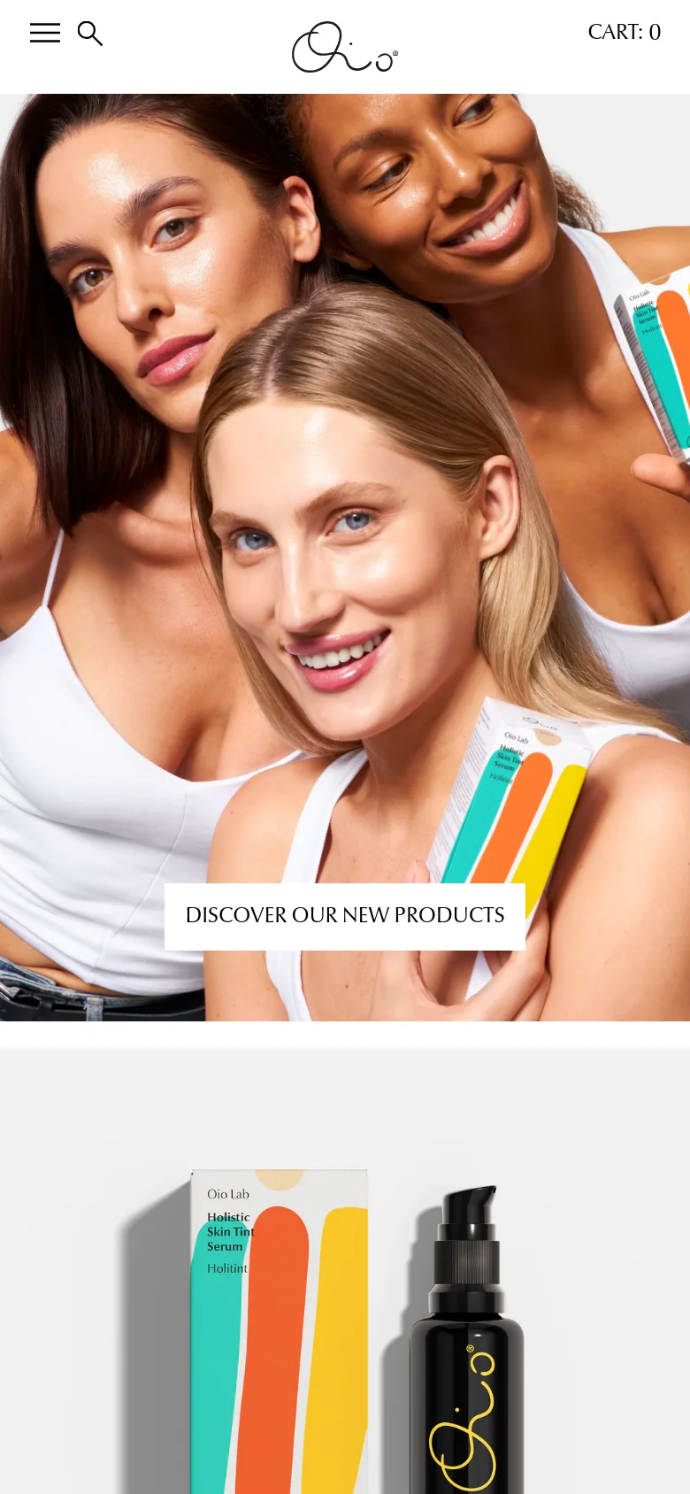 The mobile version displays a vertically oriented hero image of the same three women, with the 'DISCOVER OUR NEW PRODUCTS' call to action positioned lower on the screen. The header is simplified, showing only the menu icon, search icon, logo, and cart count. The layout is optimized for a single-column scroll, focusing on the large-scale imagery.