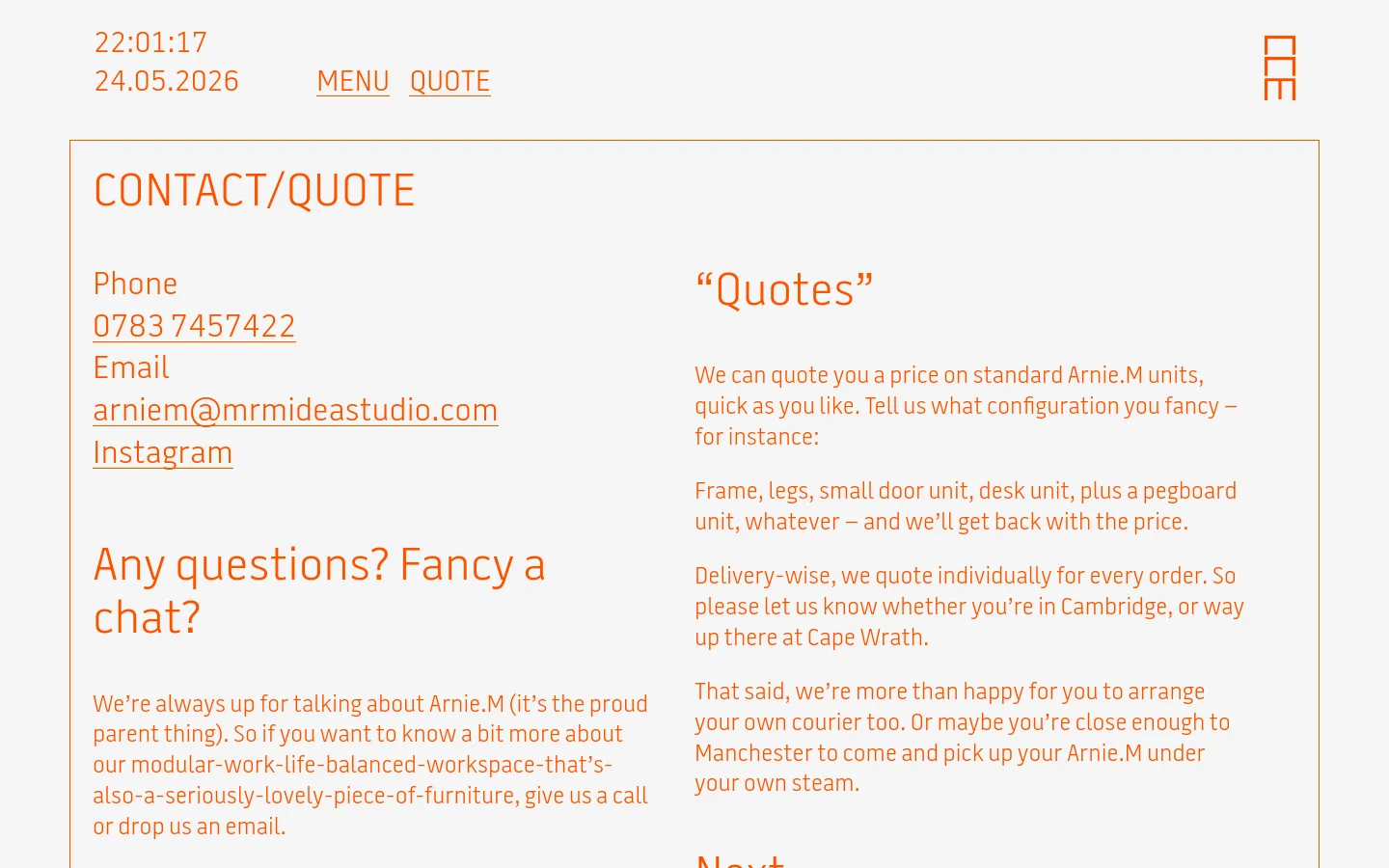 The desktop contact page features a minimalist design with an orange border framing the content. It displays contact details like phone, email, and Instagram on the left, with a large 'CONTACT/QUOTE' heading and a two-column layout for text sections including 'Any questions? Fancy a chat?' and 'Quotes'. The background is a light cream color with orange text and accents.