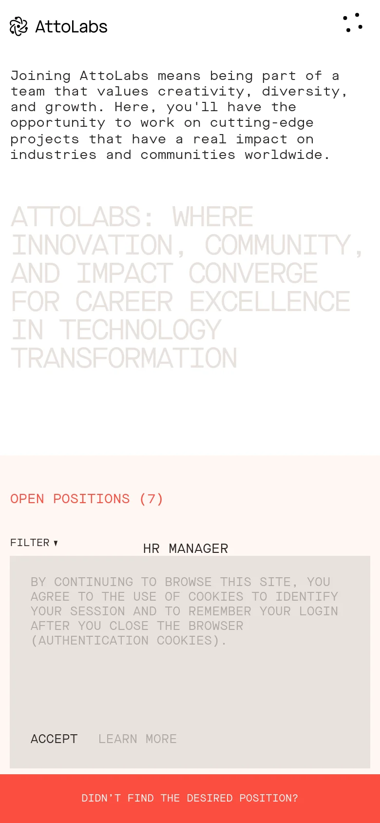 The mobile version presents a vertically stacked layout with the mission statement and large headline at the top. The job listings and filter options follow below, optimized for vertical scrolling. The bright red call-to-action banner remains fixed at the bottom of the screen.