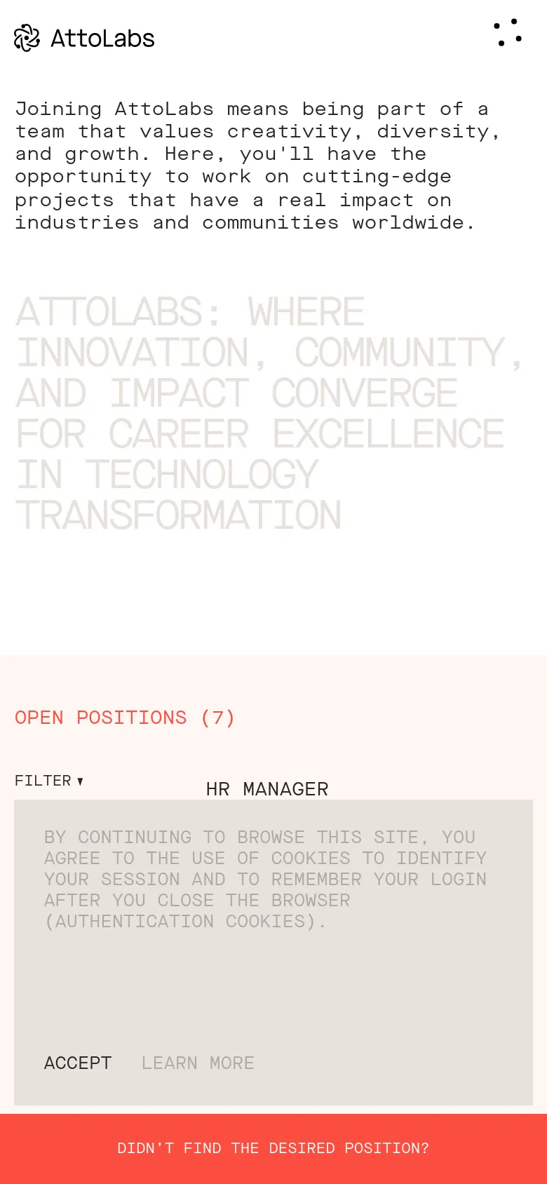 The mobile version presents a vertically stacked layout with the mission statement and large headline at the top. The job listings and filter options follow below, optimized for vertical scrolling. The bright red call-to-action banner remains fixed at the bottom of the screen.