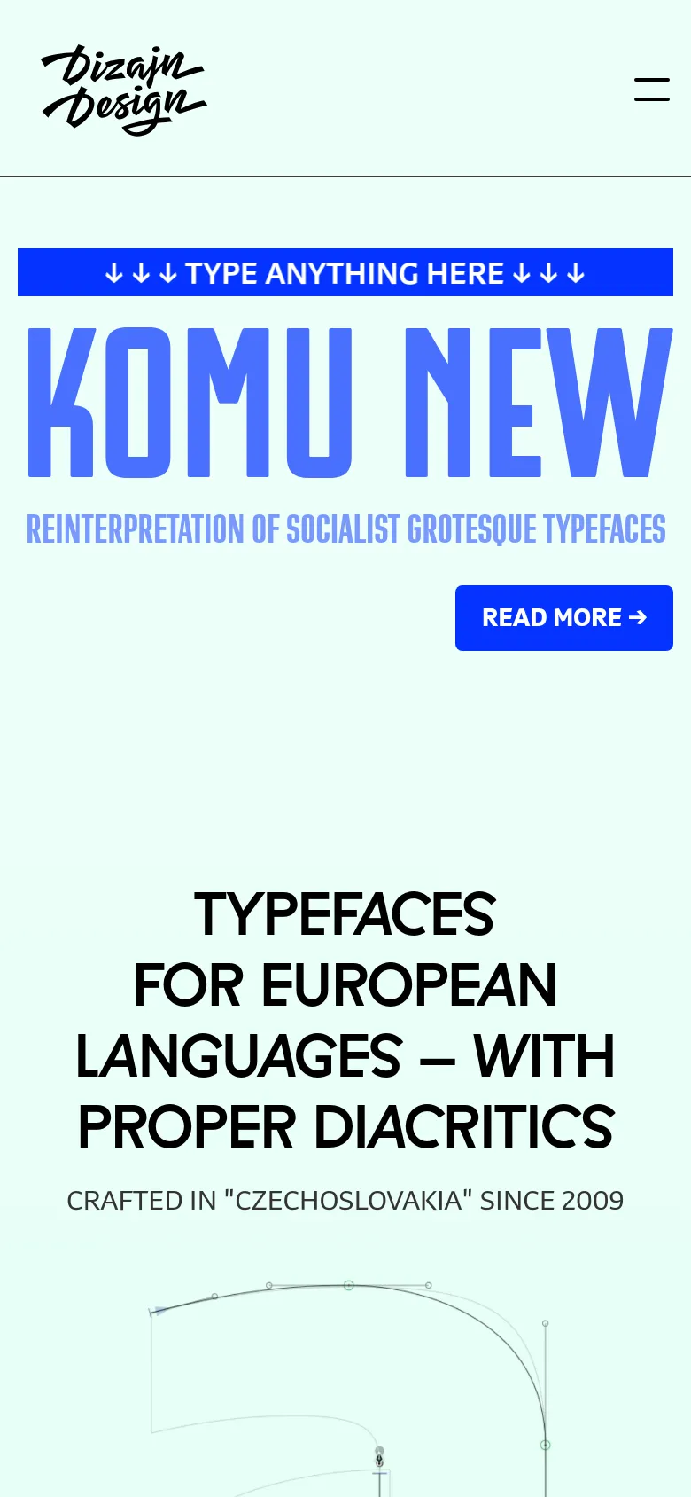 The mobile version simplifies the layout into a single-column view with a centered logo and a hamburger menu icon. The hero section maintains the large blue 'KOMU NEW' text and 'READ MORE' button, while the main headline 'TYPEFACES FOR EUROPEAN LANGUAGES' is stacked vertically for readability.
