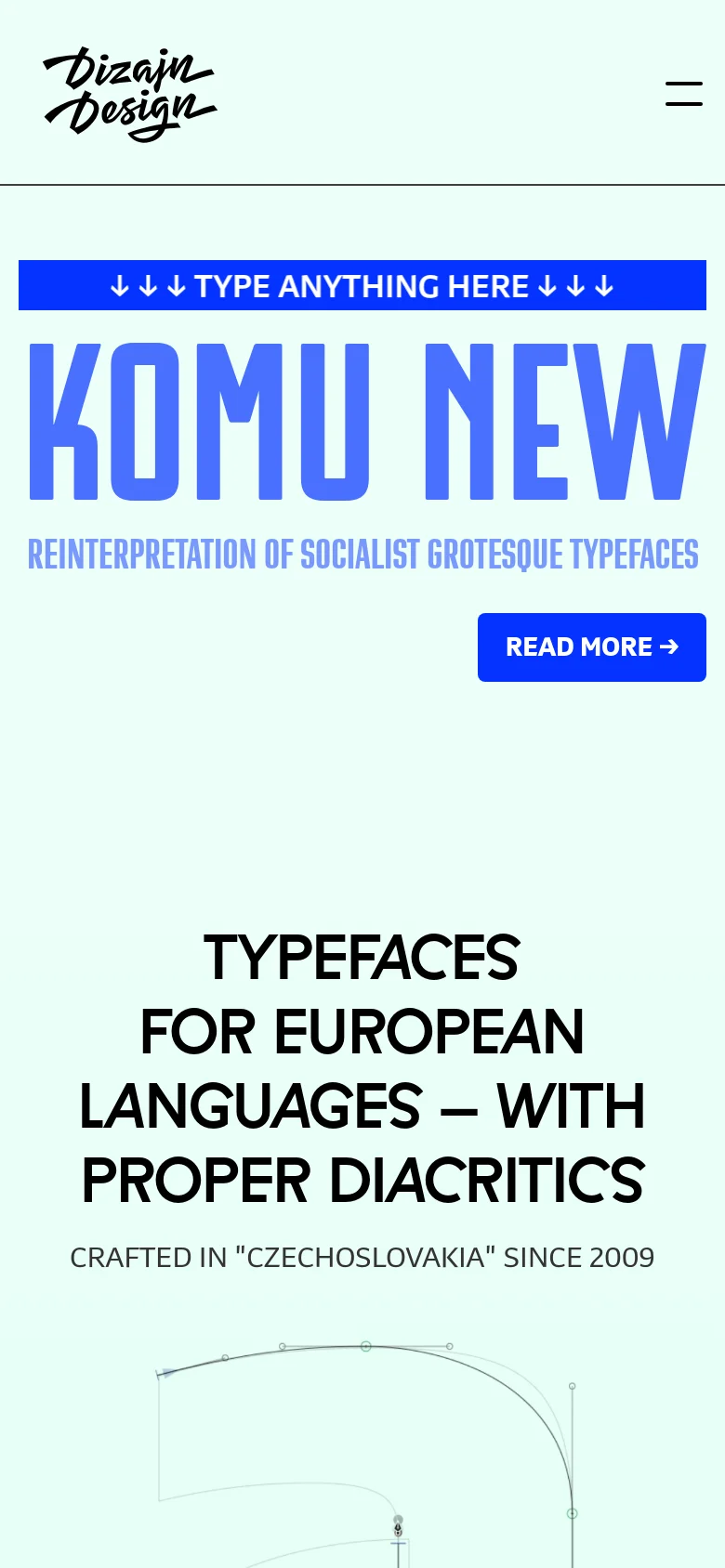 The mobile version simplifies the layout into a single-column view with a centered logo and a hamburger menu icon. The hero section maintains the large blue 'KOMU NEW' text and 'READ MORE' button, while the main headline 'TYPEFACES FOR EUROPEAN LANGUAGES' is stacked vertically for readability.