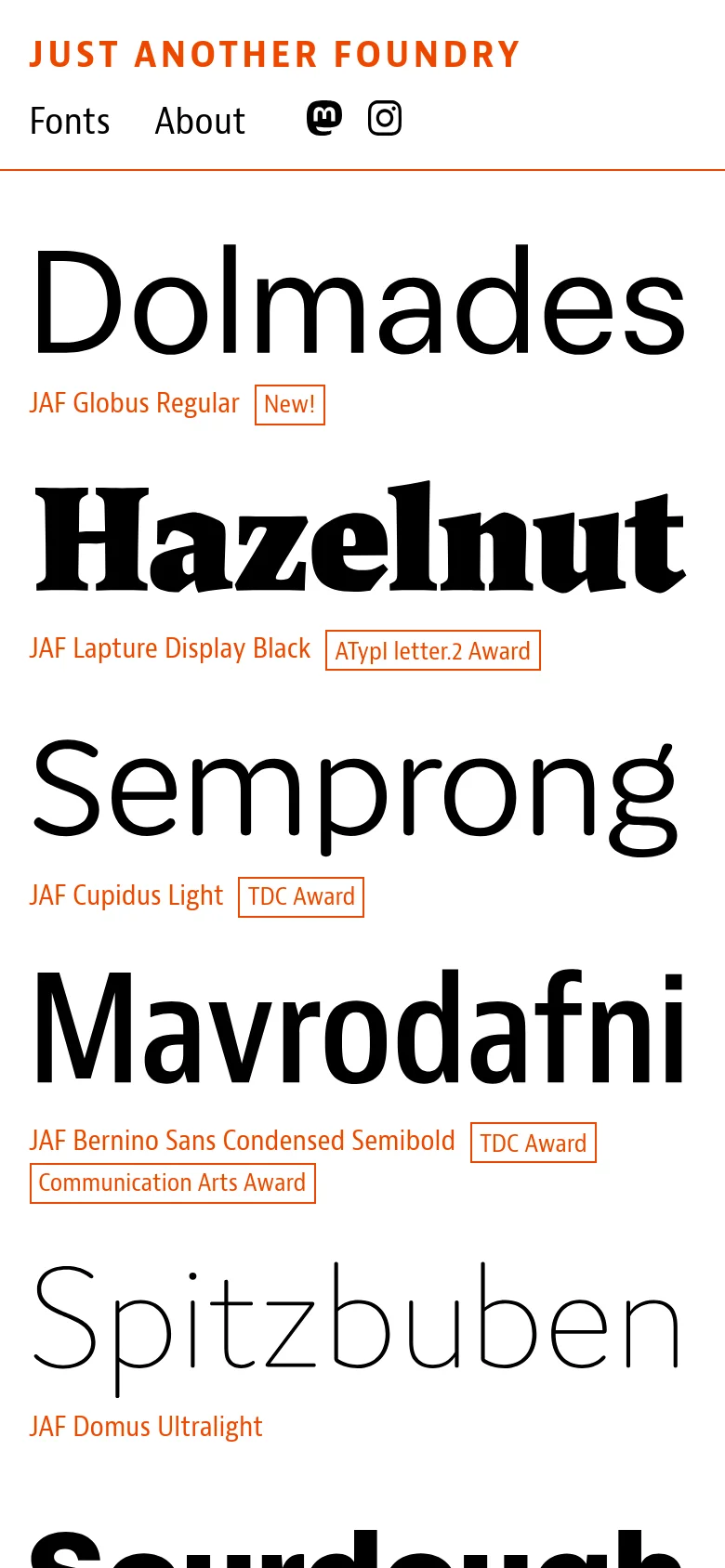 The mobile version maintains the minimalist white and orange aesthetic but uses a single-column layout. The header is simplified with 'Fonts' and 'About' links stacked above social media icons, and the large typographic specimens are scaled down to fit the narrow screen width.