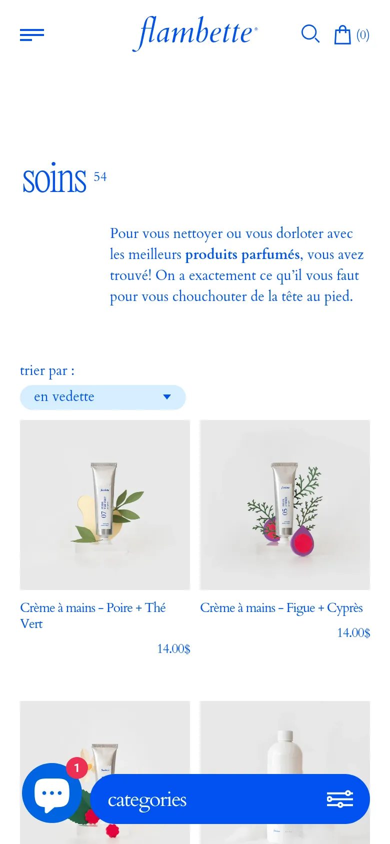 The mobile version features a simplified layout with the Flambette logo centered at the top and a hamburger menu icon. The 'soins' heading and descriptive text are stacked vertically above a product grid, and a prominent blue 'categories' button with a filter icon floats at the bottom of the screen.