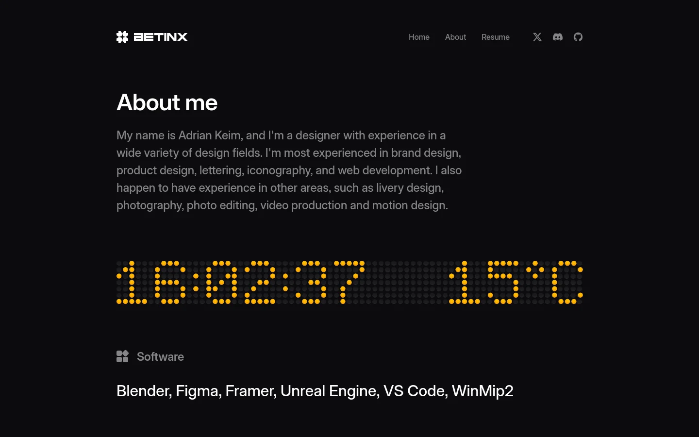 The desktop About page features a dark theme with a minimalist layout. A header contains the BETINX logo and navigation links for Home, About, and Resume alongside social icons. The main content includes the headline 'About me', a biographical paragraph, a large digital dot-matrix clock and temperature display, and a software list.