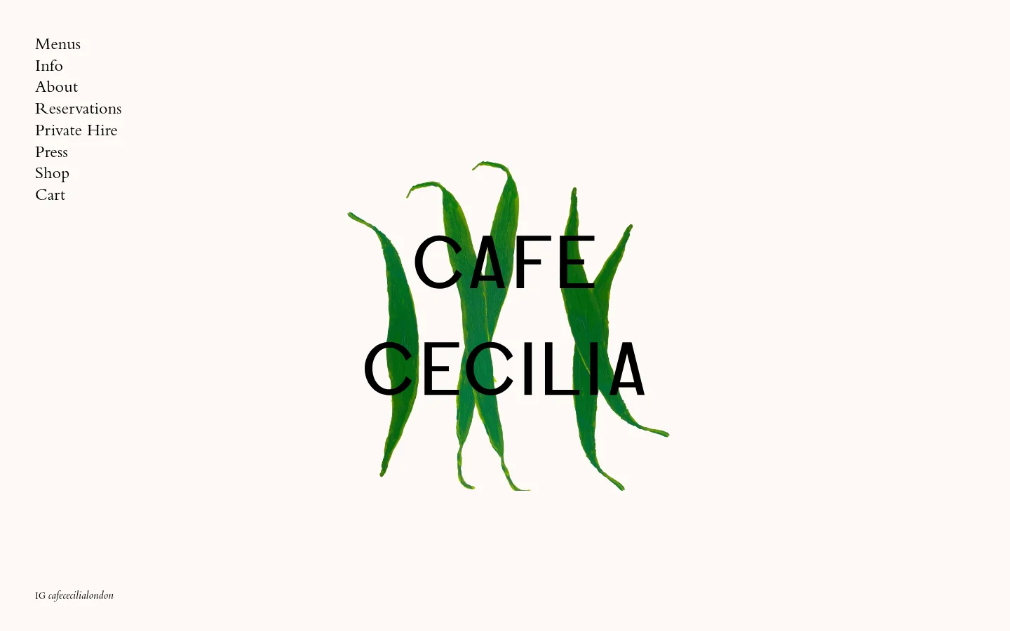 The desktop homepage features a minimalist design with a cream background. A large central logo displays the text 'CAFE CECILIA' in black capital letters overlaid on four vertical green leaves. A vertical navigation menu is positioned on the left side of the screen.