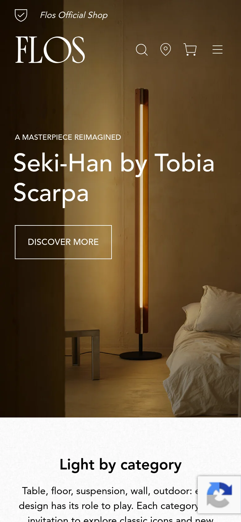 The mobile version presents a vertically stacked layout with the hero image of the Seki-Han lamp filling the top half of the screen. The headline and 'DISCOVER MORE' button are centered over the image, and the navigation menu is condensed into a hamburger icon alongside search, location, and cart icons.