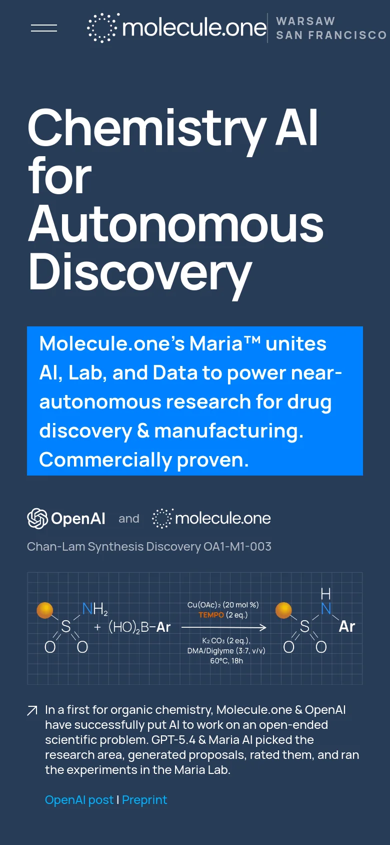 The mobile version presents a single-column vertical layout optimized for small screens. The hero section features large white text on a dark background, followed by the blue descriptive box, and then the chemical reaction diagram and text. Navigation is condensed, and the platform feature sections are stacked vertically instead of side-by-side.