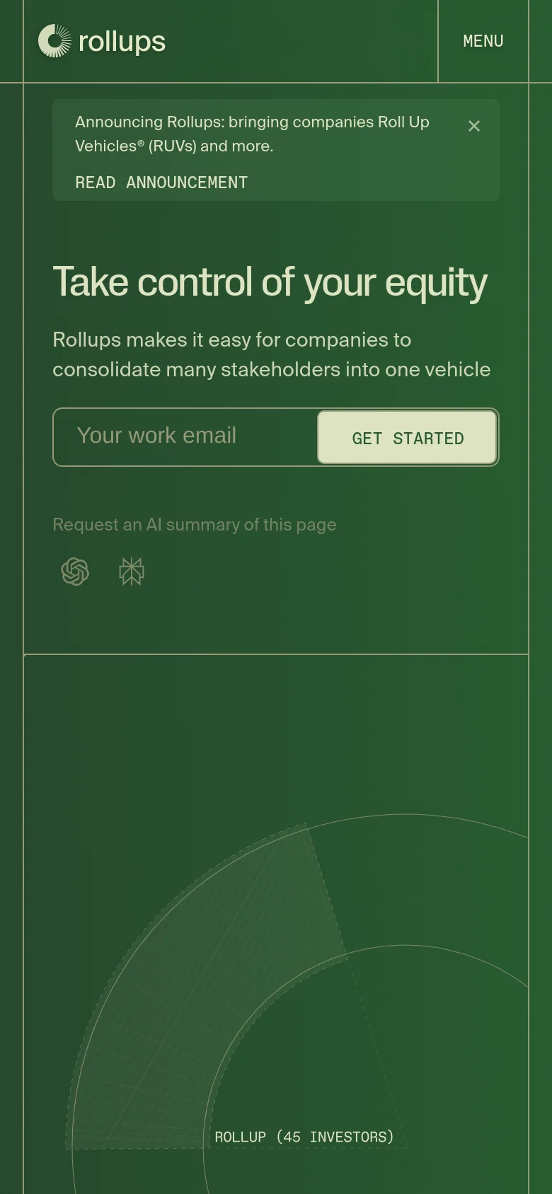 The mobile version uses a single-column layout on a dark green background. The header is replaced by a 'MENU' button, and the hero content, including the 'Take control of your equity' headline and email signup, is stacked vertically above a large circular graphic. An announcement banner appears at the top of the screen.