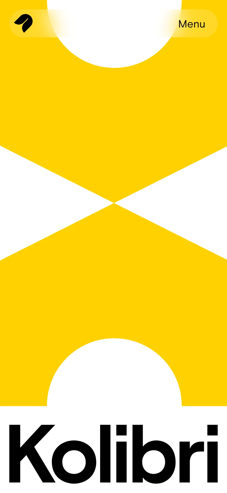 Kolibri agency mobile homepage with a stacked layout. The hero section features large-scale typography and abstract yellow shapes, followed by a single-column vertical scroll of project cards and a simplified hamburger menu.
