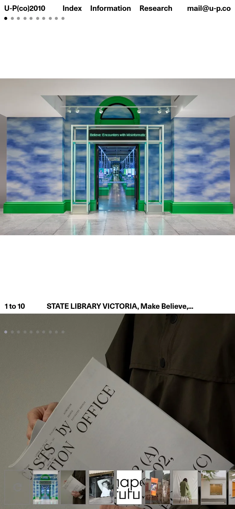 The mobile version presents a vertically stacked layout with a single large hero image from the slider dominating the screen. The navigation links are condensed, and the thumbnail carousel remains at the bottom for easy touch interaction.
