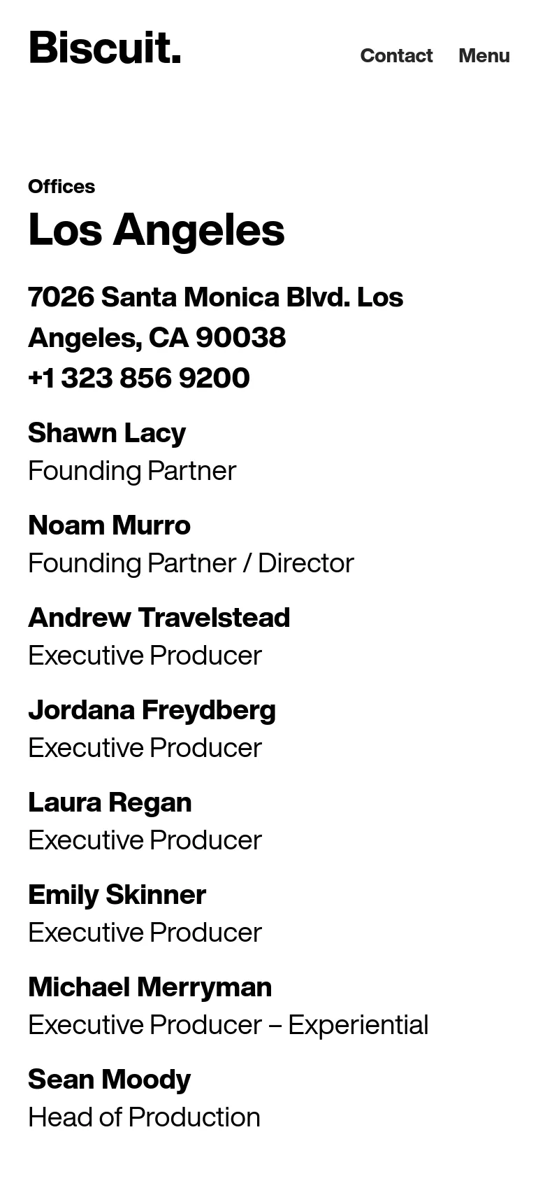 The mobile version maintains the minimalist black-on-white aesthetic but uses a single-column vertical layout. The 'Offices' heading and 'Los Angeles' title appear at the top, followed by the contact details and staff list stacked sequentially for easy scrolling.