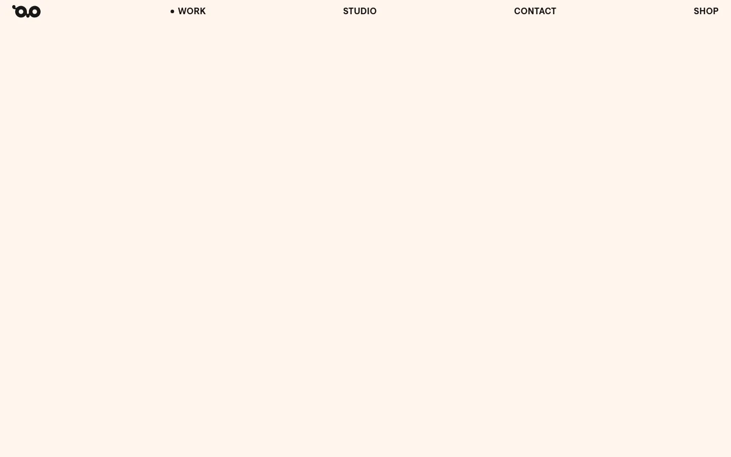 The desktop Work page features a minimalist cream background with a navigation menu at the top including Work, Studio, Contact, and Shop. A large headline lists various project categories like Environmental, Food & Beverage, and Web Design, followed by a large hero image of three soda cans—green, pink, and brown—sitting in ice. Below the image, the text reads 'Stiller's Soda ...Coming Soon.'