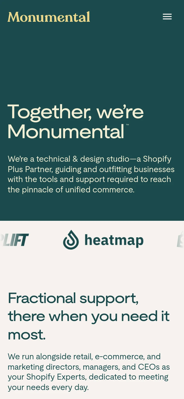 The mobile version uses a similar dark teal color scheme but features a condensed layout. The navigation menu is replaced by a hamburger icon, and the hero text is scaled down to fit the narrower screen. The partner logo section is partially visible at the bottom, maintaining the same brand aesthetic as the desktop version.