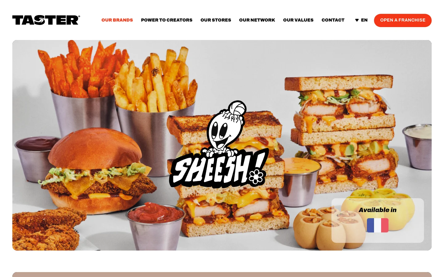 The desktop page features a clean white background with a navigation menu at the top and a series of brand cards. Each card includes a large hero image of food, the brand logo, and a list of countries where the brand is available, indicated by small flag icons.