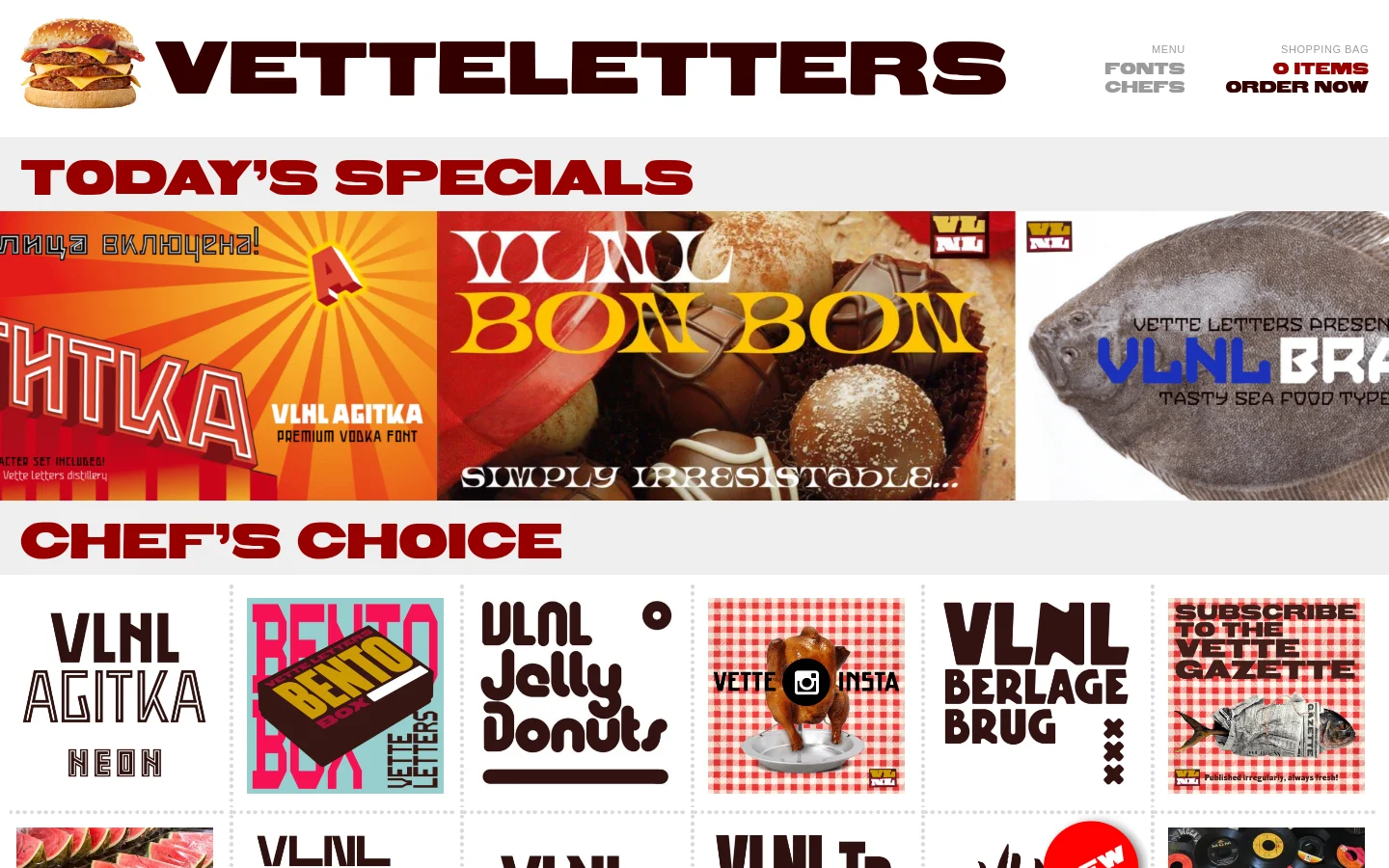 The desktop homepage for VetteLetters features a large logo with a burger icon and a dark brown color scheme. A 'Today's Specials' section displays wide, colorful banner advertisements for various food-themed fonts, followed by a 'Chef's Choice' grid of square font previews on a light gray background.