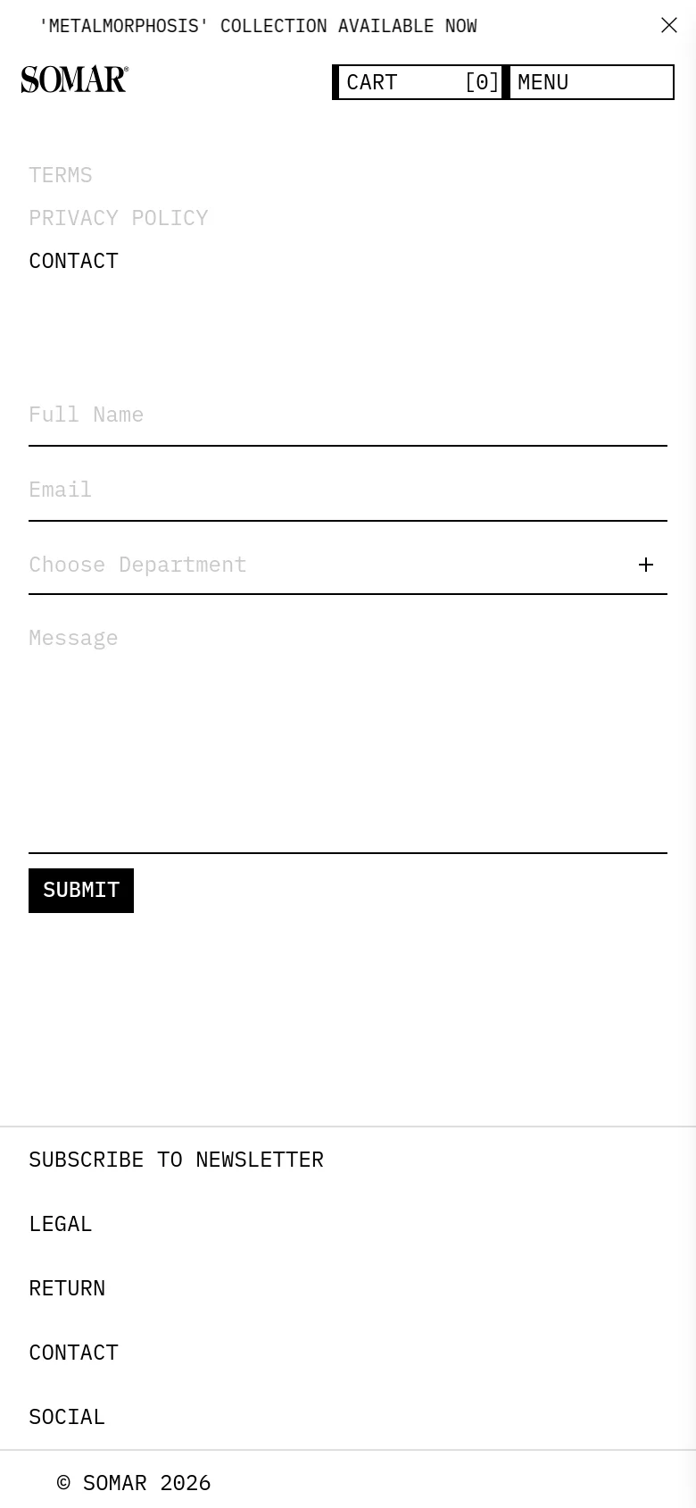 The mobile version simplifies the layout, replacing the top navigation bar with a large 'MENU' button and a 'CART [0]' indicator. The contact form remains central, featuring the same text input fields and a prominent black Submit button, but with increased vertical spacing and larger text for easier touch interaction on a smaller screen.