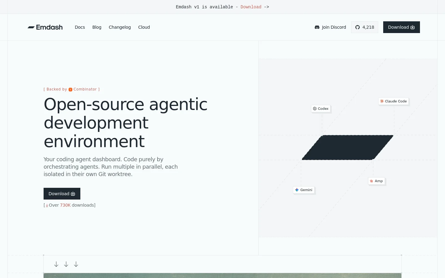 The desktop homepage features a clean, dark-themed minimalist layout with a large headline reading 'Open-source agentic development environment'. A hero section includes a 'Download' button and a large screenshot of the application interface showing agent orchestration. Below the hero, features are organized in a grid layout with text descriptions and call-to-action links, set against a light grey and white background.