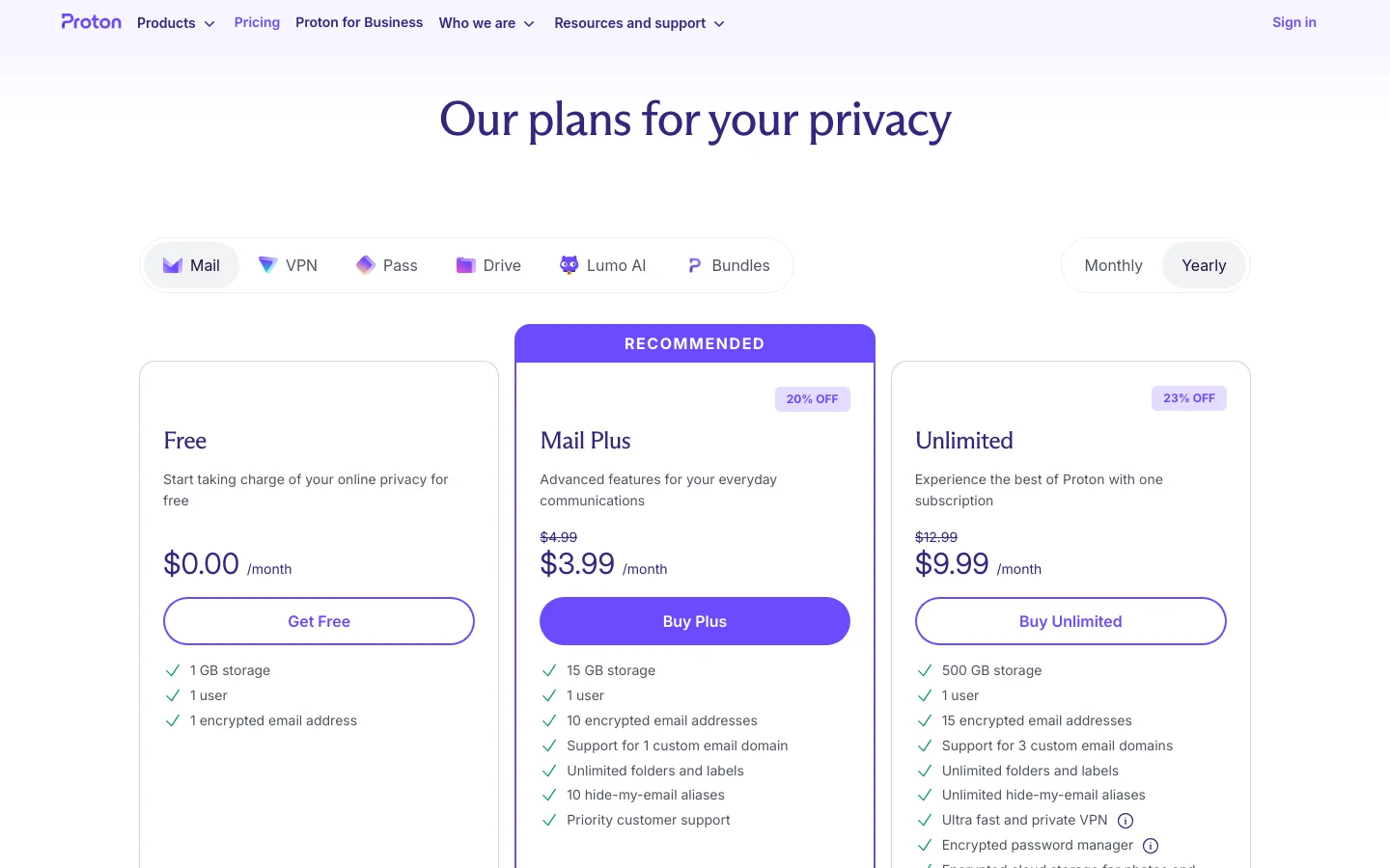 The desktop pricing page features a clean, light lavender background with the headline 'Our plans for your privacy'. A horizontal navigation bar allows users to switch between services like Mail, VPN, and Drive, while a toggle selects between Monthly and Yearly billing. Three pricing cards—Free, Mail Plus (labeled 'Recommended'), and Unlimited—are displayed side-by-side, detailing storage, user limits, and features with blue call-to-action buttons.