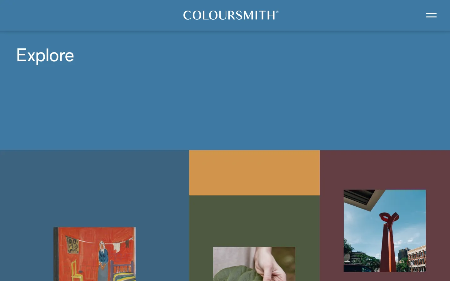 The desktop page features a large blue header with the title 'Explore' and the Coloursmith logo. Below, a grid layout displays various color tiles, some containing inspiration images like paintings or architecture, accompanied by color names.