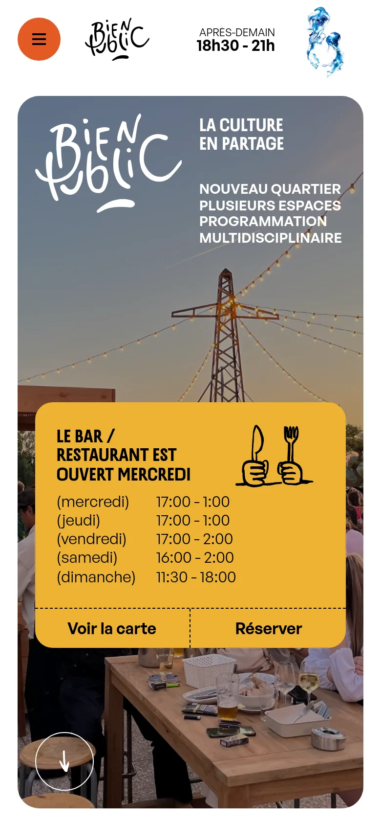 The mobile version presents a vertically stacked layout centered on the hero image of the outdoor terrace. The 'Bien Public' logo and venue descriptions appear at the top, followed by a prominent yellow card containing the operating hours and two large call-to-action buttons for the menu and reservations. The header is simplified with a hamburger menu icon and the venue name.