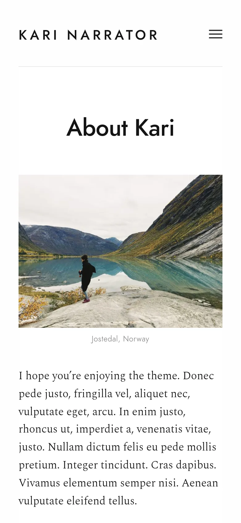The mobile version simplifies the layout, replacing the horizontal navigation bar with a hamburger menu icon on the right. The 'About Kari' headline and the large landscape hero image of the Norwegian lake remain centered, with the body text flowing vertically underneath.
