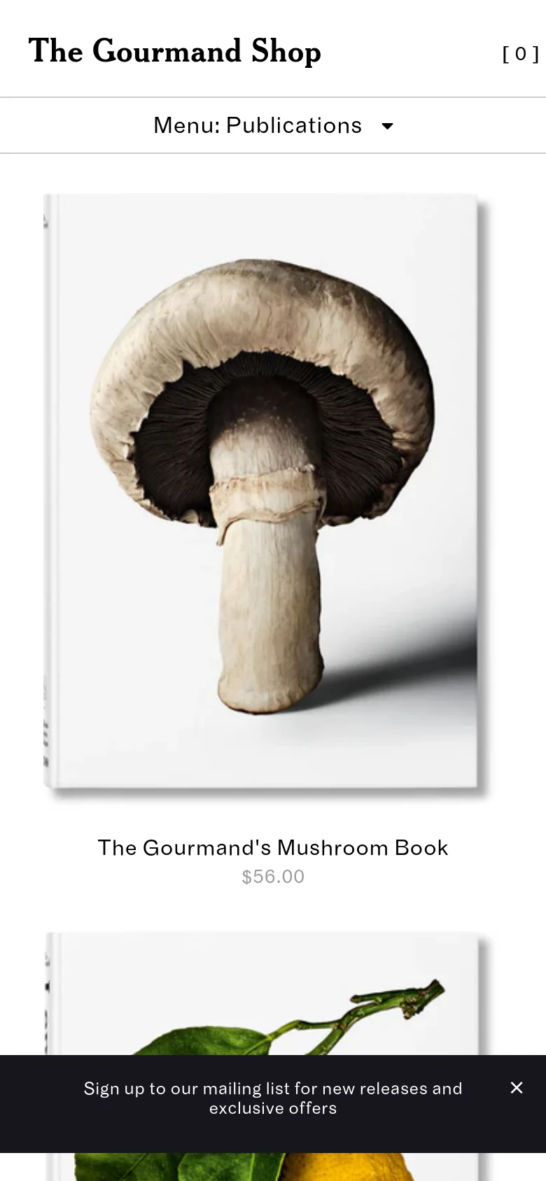 The mobile view displays the Publications page with a simplified layout, featuring a single-column vertical scroll of large book cover images. The header is condensed into a 'Menu: Publications' dropdown, and a prominent black sign-up banner for the mailing list appears at the bottom of the screen.