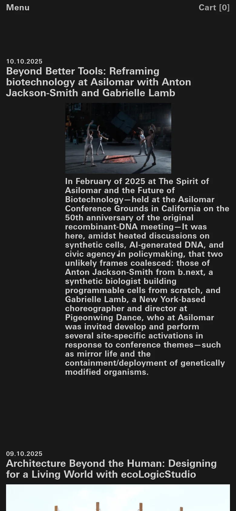 The mobile version maintains the dark theme and white text but uses a single-column layout optimized for vertical scrolling. The headlines and text blocks are stacked vertically, with the featured images spanning the width of the screen to ensure readability on smaller displays.