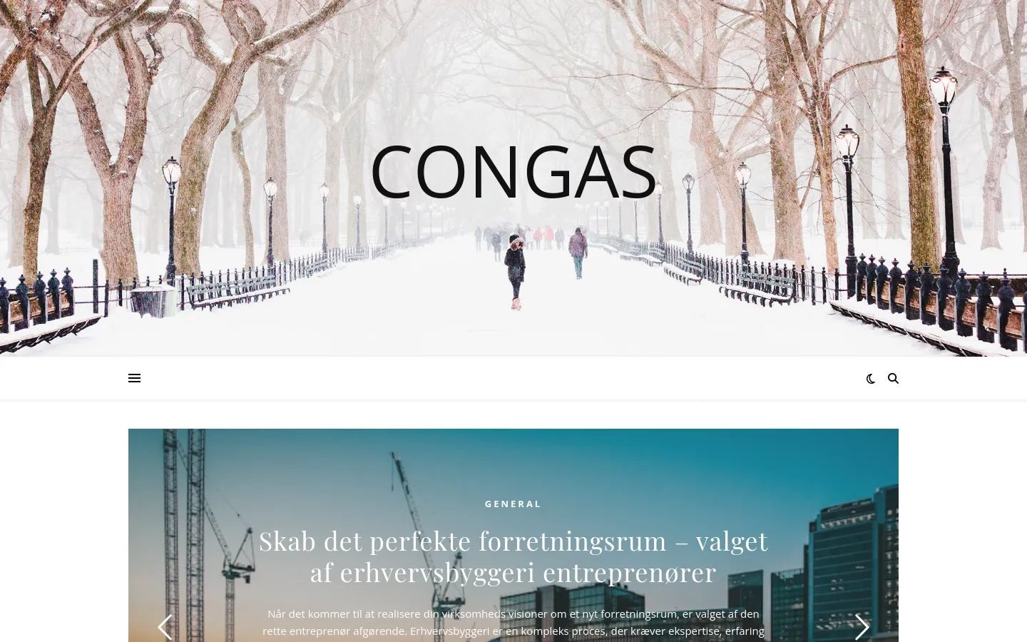 The desktop homepage features a large hero image of a snowy park path lined with trees and streetlamps, with the word 'CONGAS' centered in large black text. Below the hero section, a navigation bar contains a menu icon, a search icon, and a dark mode toggle. The main content area displays a large featured article with a teal-toned construction site background and white text headlines.
