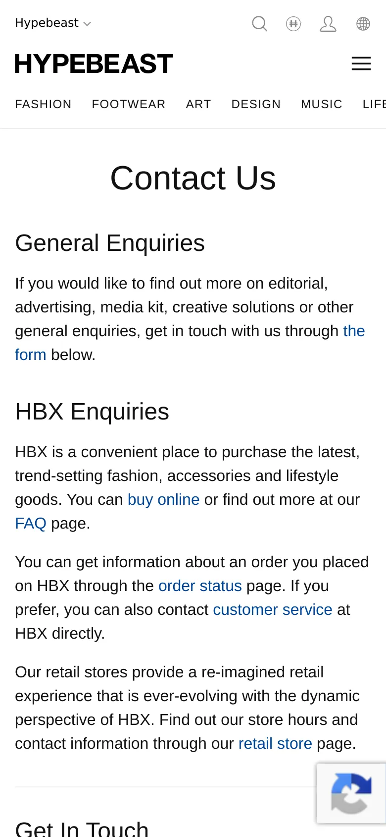 The mobile version presents a simplified, vertically stacked layout with a hamburger menu and social media icons at the top. The 'Contact Us' heading is prominent, followed by text sections for General and HBX Enquiries, and a contact form that spans the width of the screen, maintaining the high-contrast black and white aesthetic.