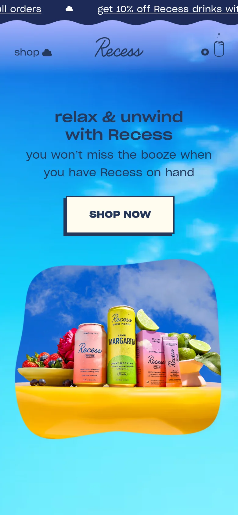 The mobile version uses a vertical layout with the same blue sky and cloud theme. The headline and 'SHOP NOW' button are centered at the top, followed by a large, centered image of the Recess product lineup and fruit on a yellow base. The navigation is condensed, featuring the logo and a simplified menu icon at the top.