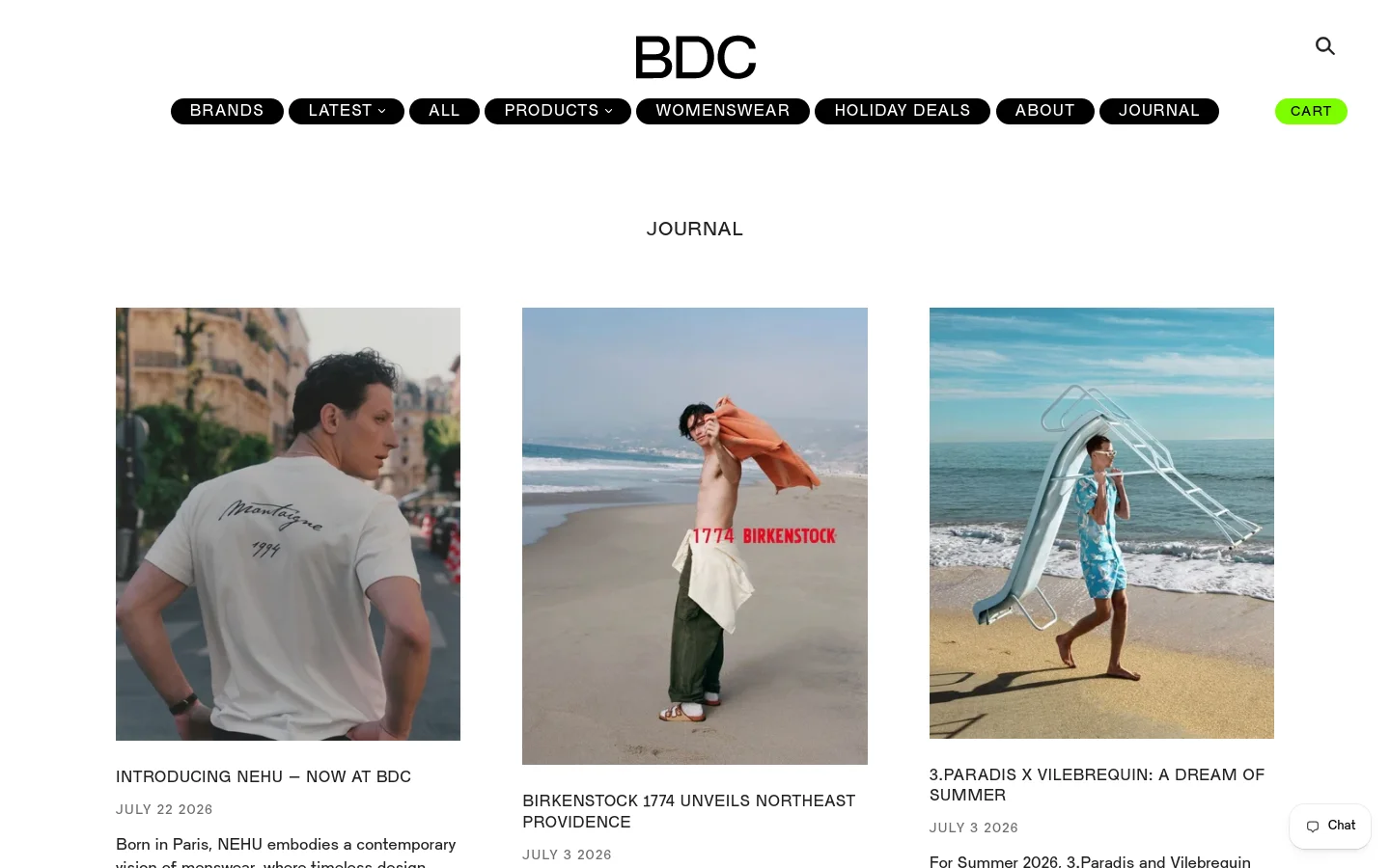 The BDC Journal page features a minimalist white layout with a centered 'JOURNAL' headline. Below, a three-column grid displays large vertical editorial images for blog posts, including a man in a white t-shirt, a man on a beach, and a person on a beach ladder. A black navigation bar at the top includes links for Brands, Products, and Journal, alongside a lime green 'CART' button.