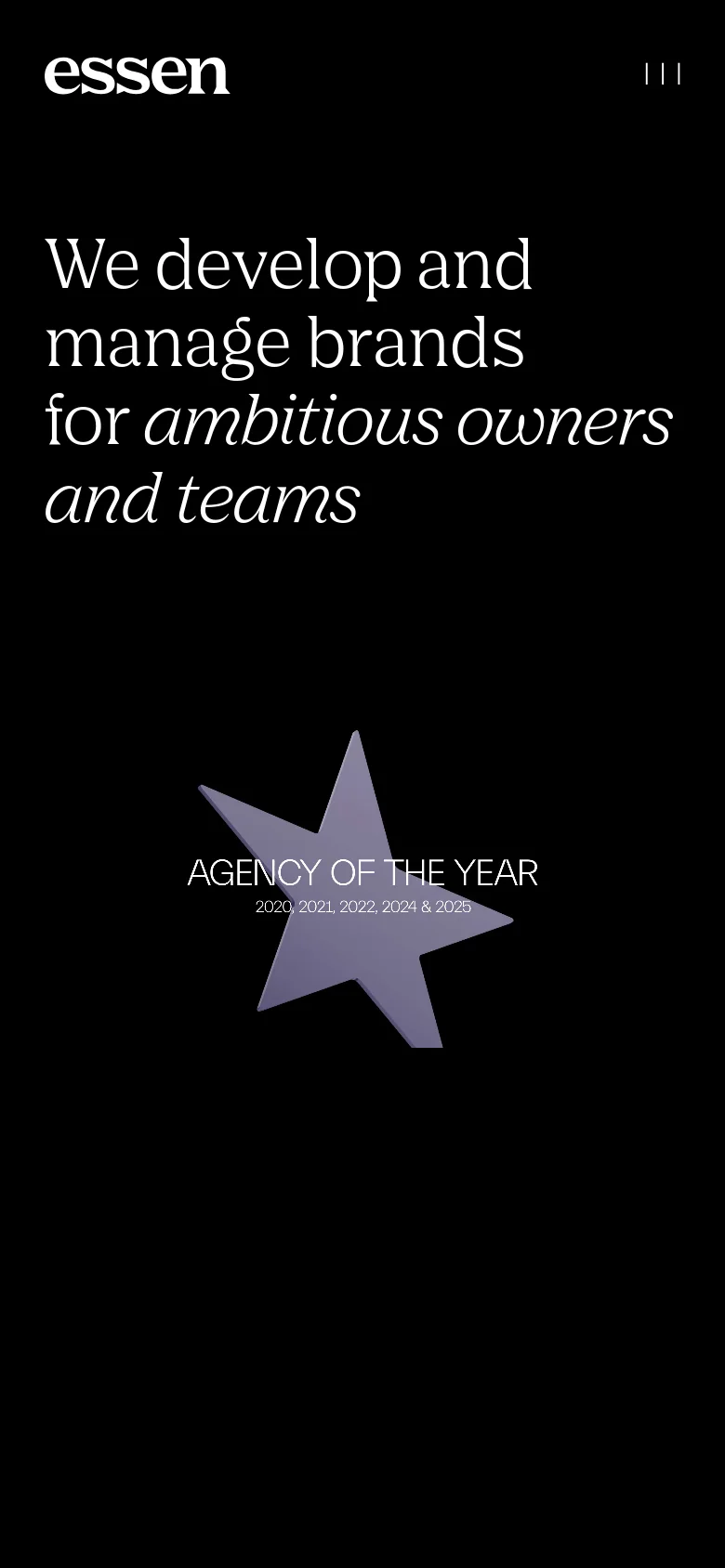 The mobile version uses a vertical layout with a black background and white text. The 'essen' logo is positioned at the top left, with a hamburger menu icon on the top right. The main headline and the large purple star graphic are centered vertically to fit the narrow screen.