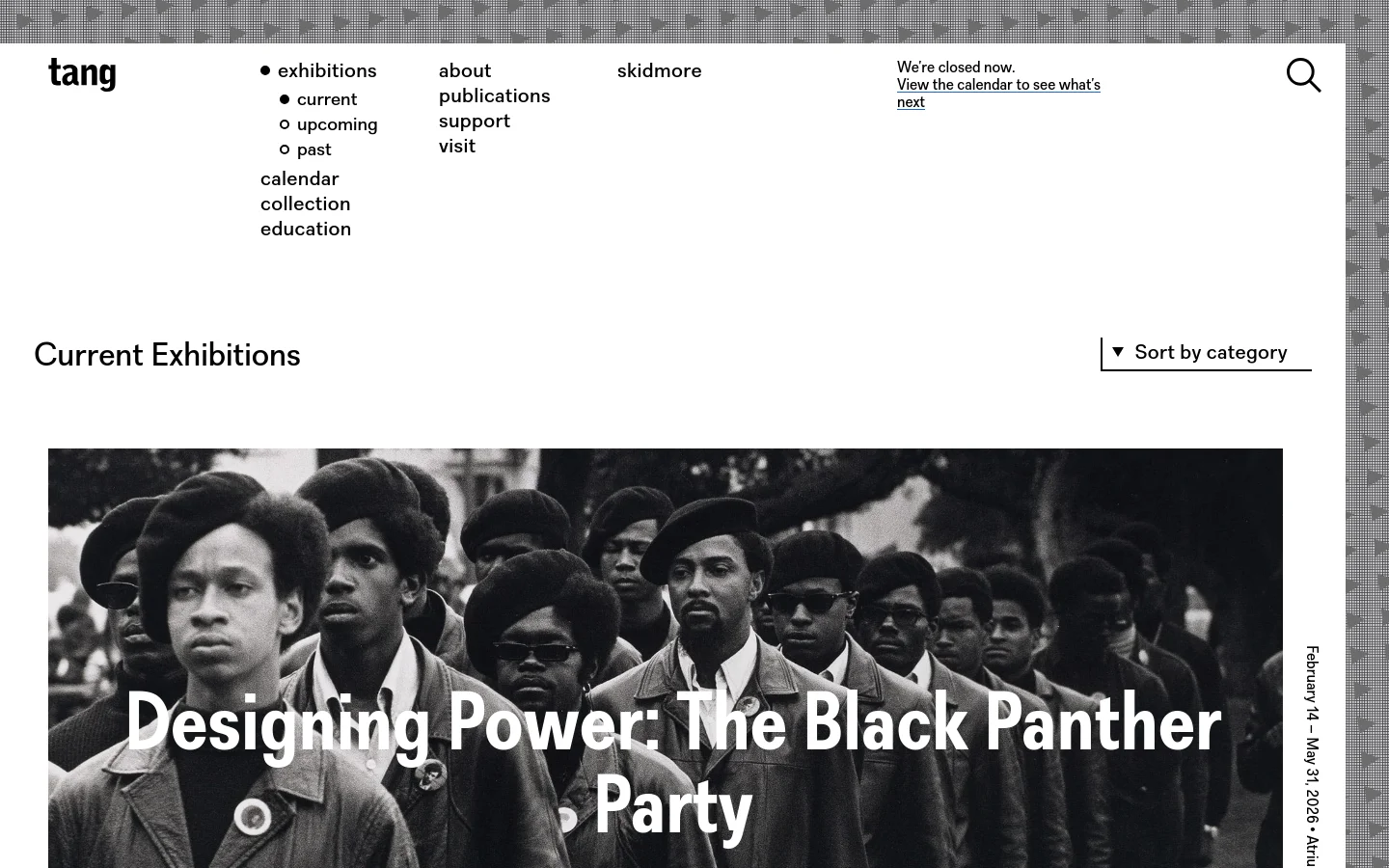 The desktop version of the Exhibitions page features a minimalist white background with black text and a navigation menu at the top. A large, black-and-white hero image displays a group of people with the headline 'Designing Power: The Black Panther Party' overlaid in bold white text. Below the hero section, a 'Current Exhibitions' heading is accompanied by a 'Sort by category' dropdown menu.