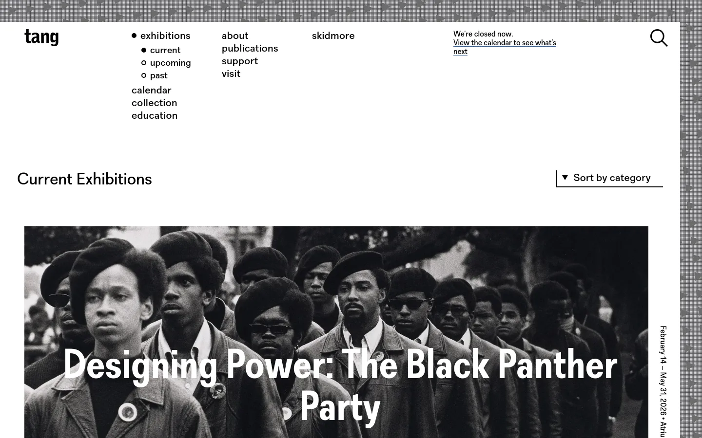 The desktop version of the Exhibitions page features a minimalist white background with black text and a navigation menu at the top. A large, black-and-white hero image displays a group of people with the headline 'Designing Power: The Black Panther Party' overlaid in bold white text. Below the hero section, a 'Current Exhibitions' heading is accompanied by a 'Sort by category' dropdown menu.