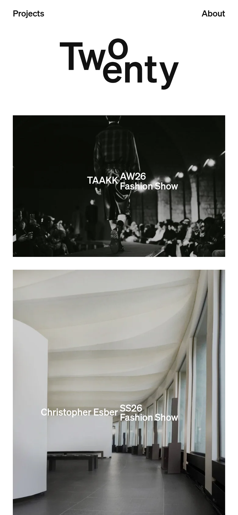 The mobile version maintains the minimalist aesthetic but shifts to a single-column vertical layout. The 'TwoTwenty' logo is centered at the top, followed by large, full-width project images stacked vertically, each featuring a text overlay for the project title. The navigation links are placed at the top of the screen above the logo.