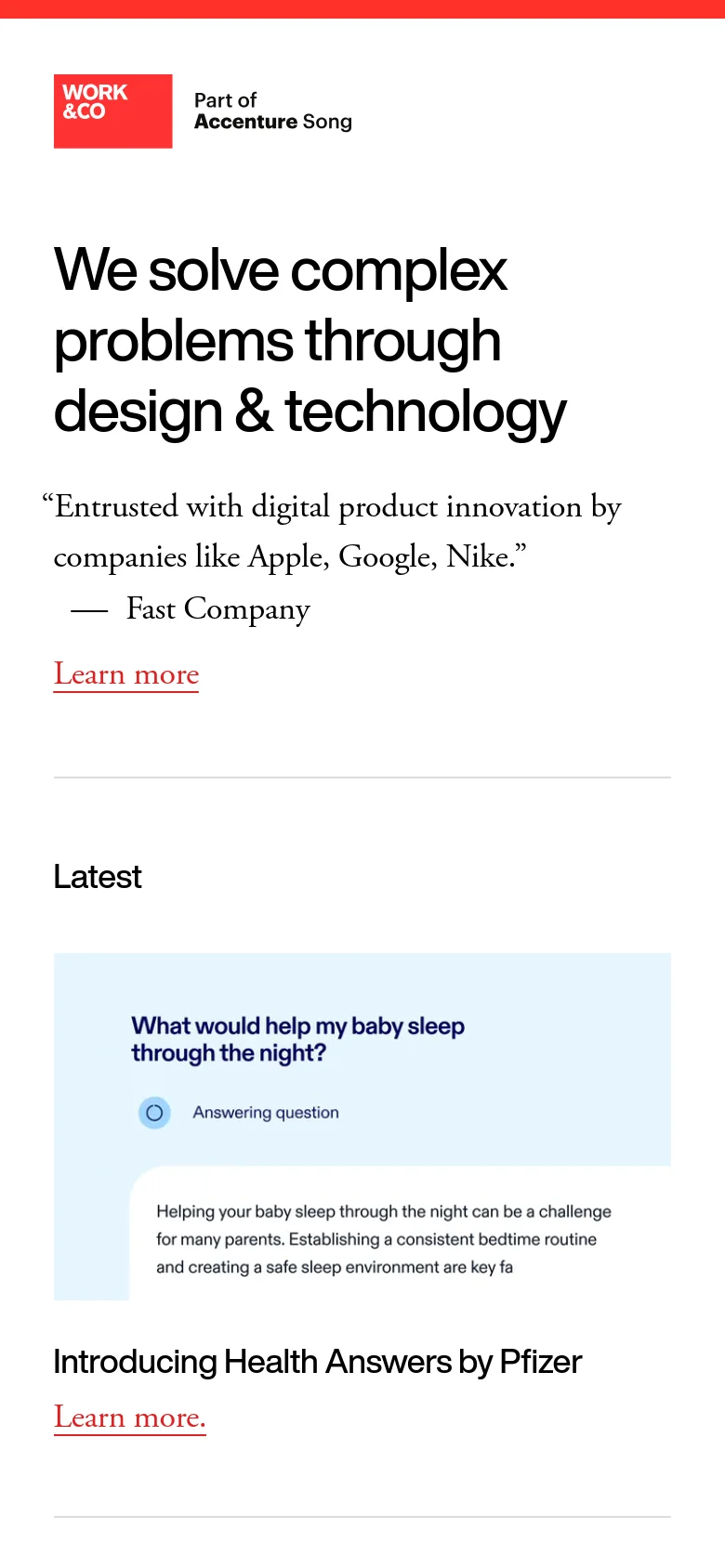 The mobile version maintains the minimalist aesthetic and typography but uses a single-column vertical layout. The header, headline, and testimonial are stacked vertically, and the 'Latest' section card spans the full width of the screen.