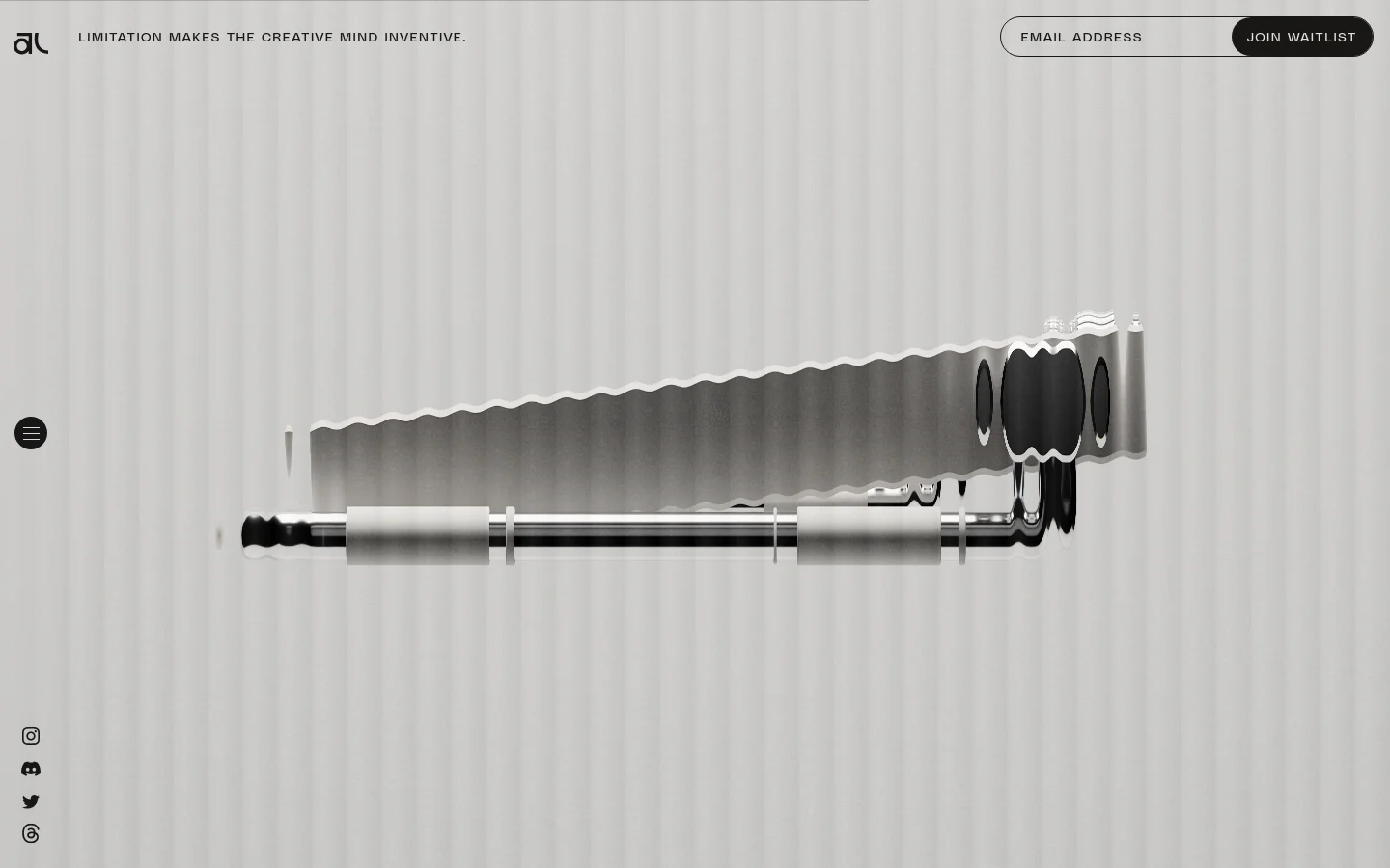 The desktop page features a minimalist design with a light gray corrugated background and a large hero image of a sleek, metallic object reflecting light. A top navigation bar includes the Akuko Labs logo, the slogan 'LIMITATION MAKES THE CREATIVE MIND INVENTIVE.', an email input field, and a 'JOIN WAITLIST' button. Social media icons are vertically aligned on the left side of the screen.