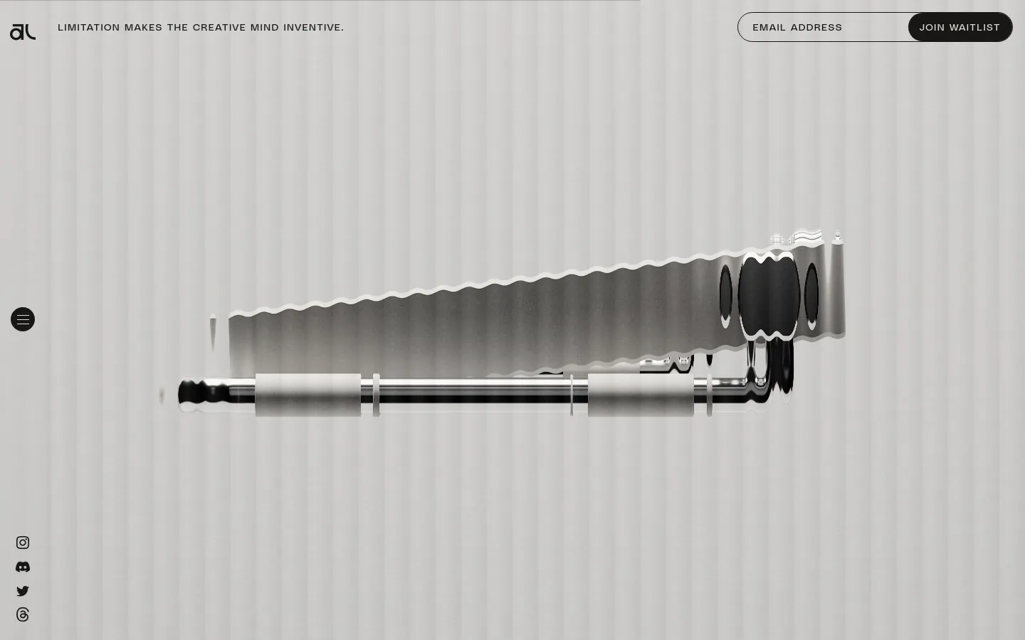The desktop page features a minimalist design with a light gray corrugated background and a large hero image of a sleek, metallic object reflecting light. A top navigation bar includes the Akuko Labs logo, the slogan 'LIMITATION MAKES THE CREATIVE MIND INVENTIVE.', an email input field, and a 'JOIN WAITLIST' button. Social media icons are vertically aligned on the left side of the screen.