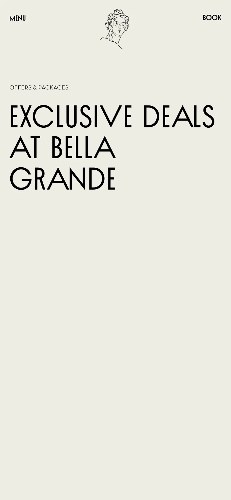 The mobile version maintains the cream background and minimalist aesthetic but uses a stacked vertical layout. The large headline is centered and broken into multiple lines to fit the narrower screen, with the navigation menu and book button positioned at the top.