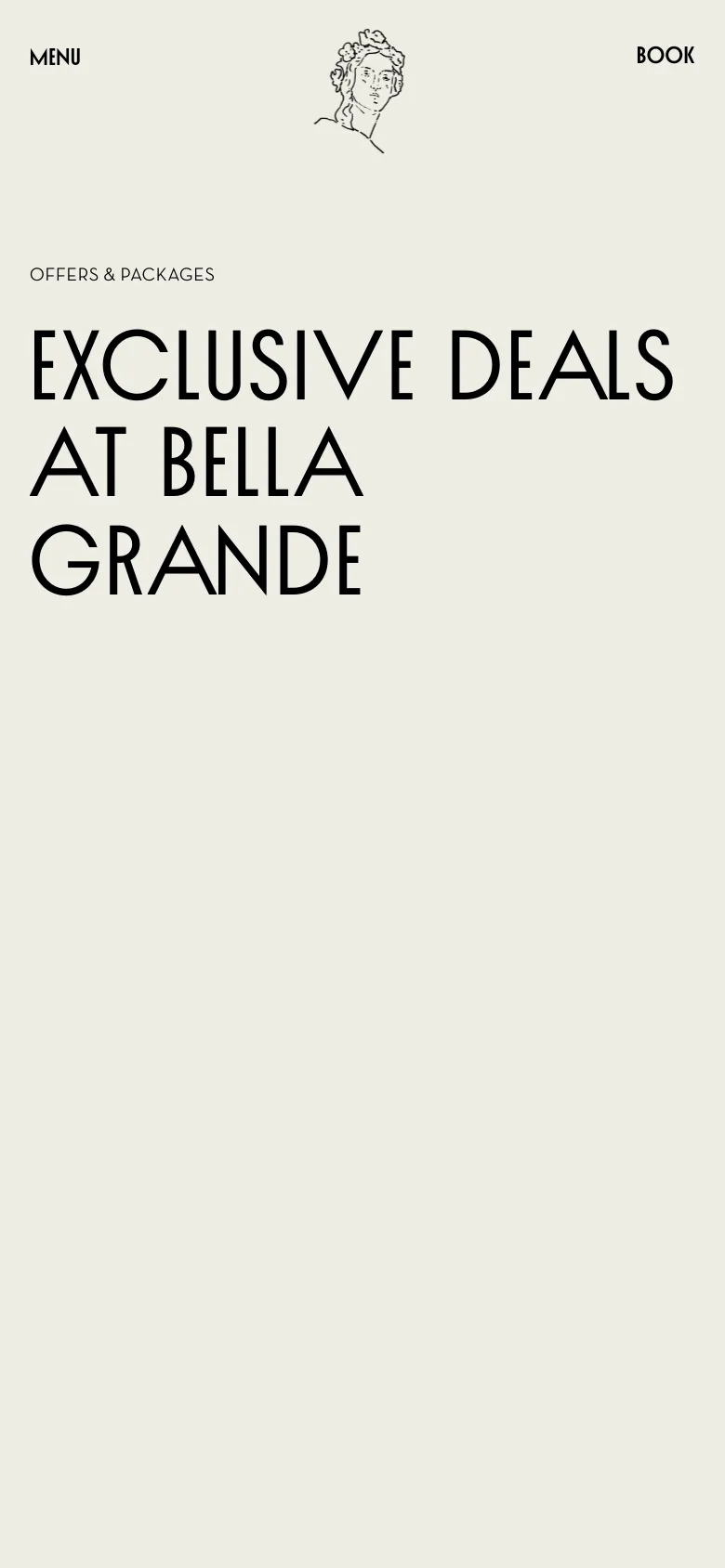 The mobile version maintains the cream background and minimalist aesthetic but uses a stacked vertical layout. The large headline is centered and broken into multiple lines to fit the narrower screen, with the navigation menu and book button positioned at the top.