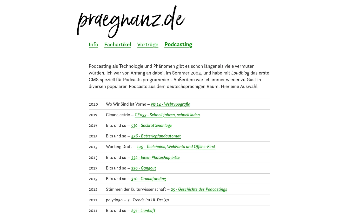 The desktop version features a minimalist white background with a large black handwritten logo at the top. Below the logo is a horizontal navigation menu with green links, followed by a text introduction and a chronological list of podcast appearances organized in a clean table layout.