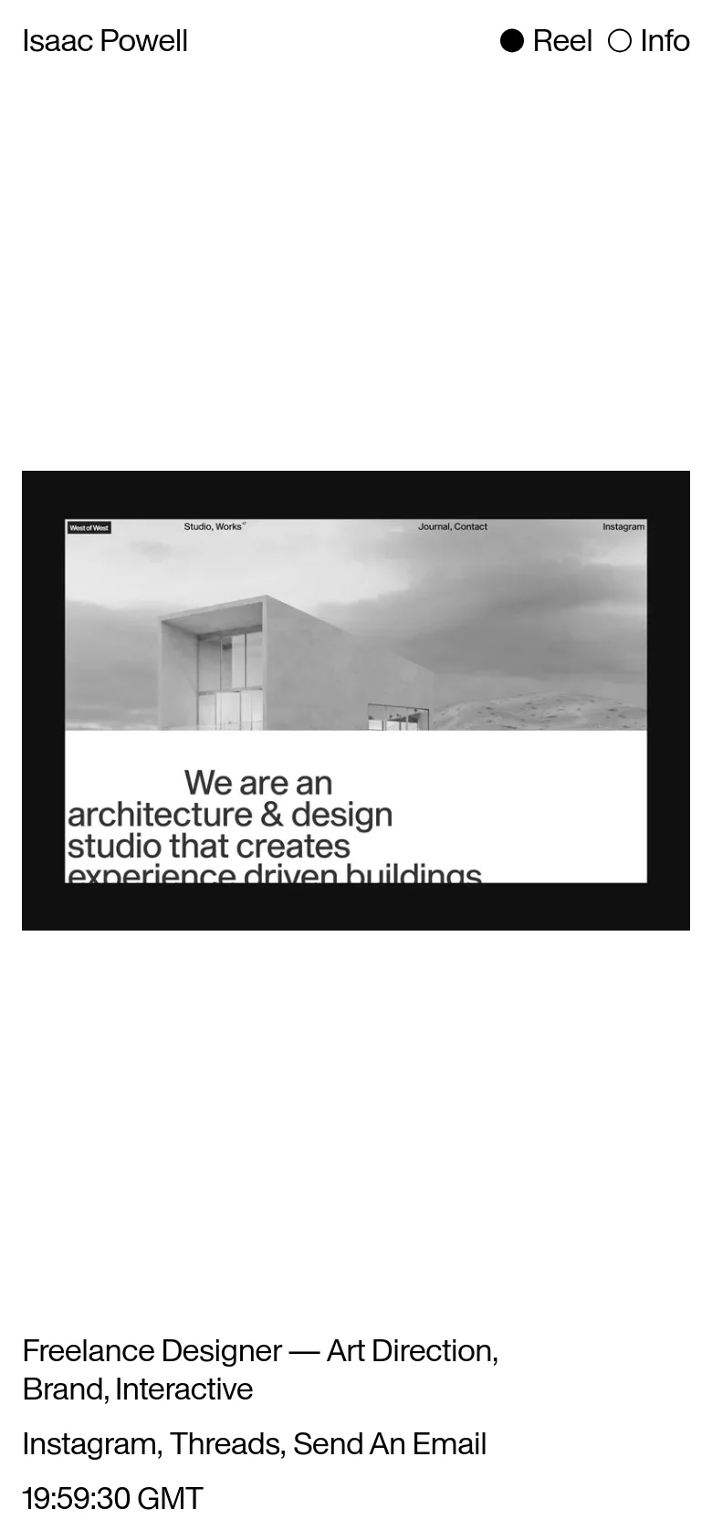 The mobile version maintains the minimalist black and white aesthetic but uses a vertical layout. The text is stacked, with the designer's name and title appearing above the main imagery, and navigation links and social media handles positioned at the top and bottom of the screen.