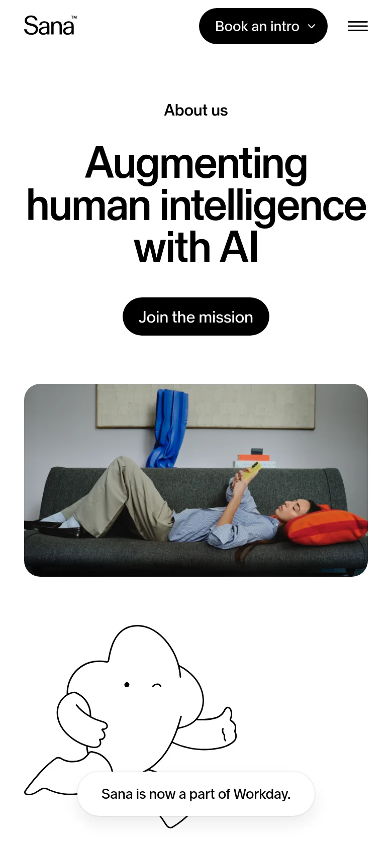 The mobile version uses a simplified layout with a hamburger menu and the Sana logo at the top. The central content remains focused on the 'Augmenting human intelligence with AI' headline and 'Join the mission' button, but the hero image and a whimsical character illustration are stacked vertically to fit the narrow screen.