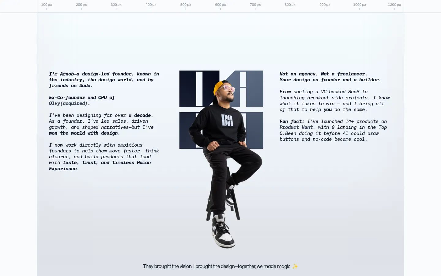 Desktop homepage featuring a minimalist white background with a large central cutout image of Arnob Mukherjee sitting on a stool. The layout uses a three-column structure with biographical text on the left and professional value propositions on the right, flanking the central portrait.
