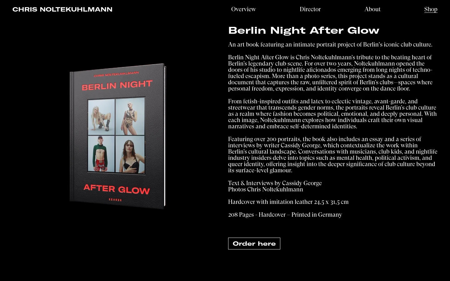 The desktop shop page features a dark, minimalist aesthetic with white text on a black background. On the left, a large 3D mockup of the 'Berlin Night After Glow' hardcover book is displayed, while the right side contains the product title, a detailed description of the art book, and a prominent 'Order here' button.