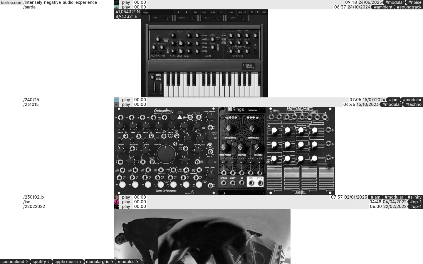 A minimalist, dark-themed website featuring a grid-like layout of audio tracks. Each entry includes a small square thumbnail, track title, playback controls, duration, date, and genre tags like #modular or #noise. The design uses a monochrome palette with white text on a black background, presenting a clean, industrial aesthetic for an experimental music portfolio.