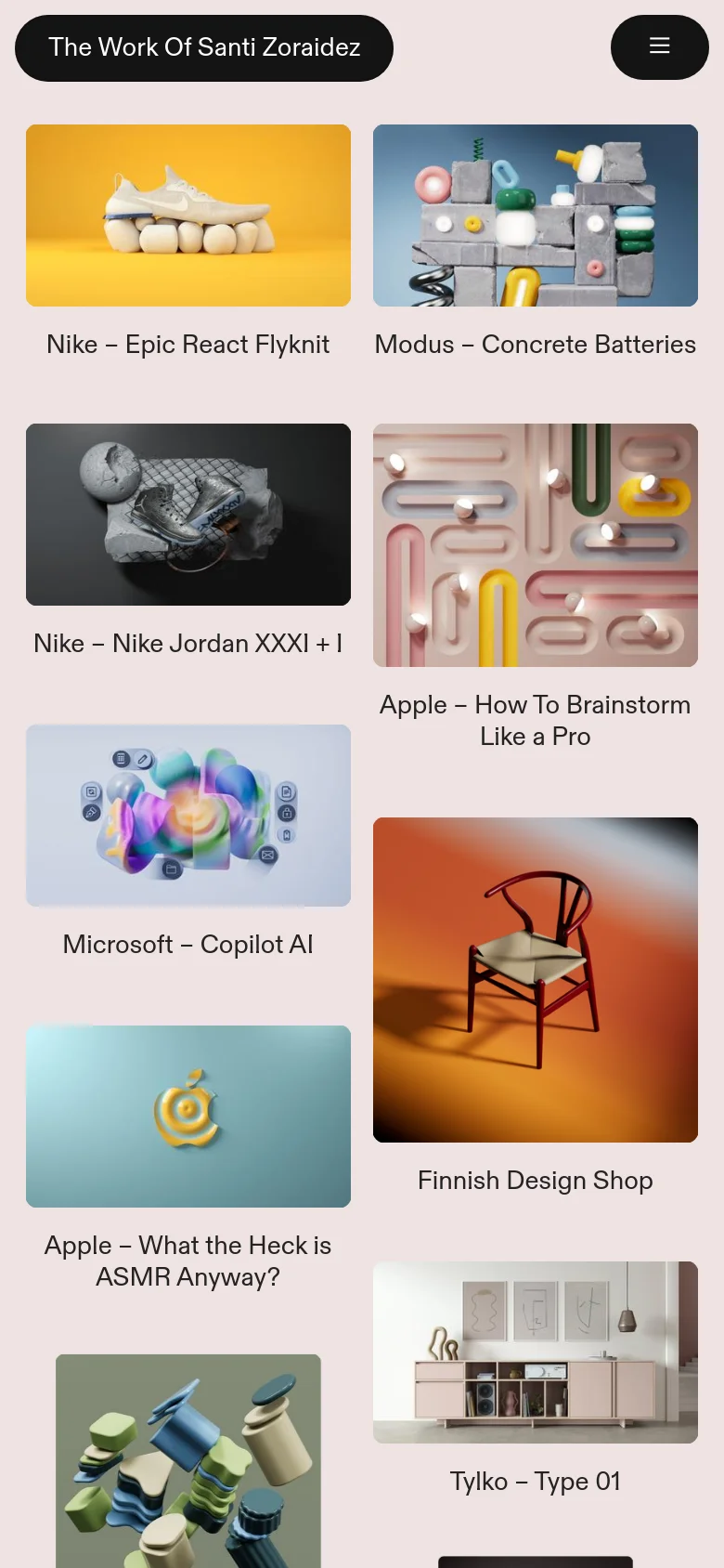 The mobile version presents a single-column layout optimized for vertical scrolling. The navigation is condensed into a hamburger menu icon at the top right, and the project thumbnails are stacked vertically in a single column instead of a grid.